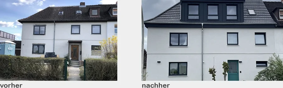 Vorher-Nachher-Vergleich eines renovierten Hauses im Projekt Braunschweig