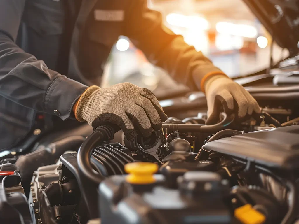 Mechaniker führt einen Motorcheck am Auto durch