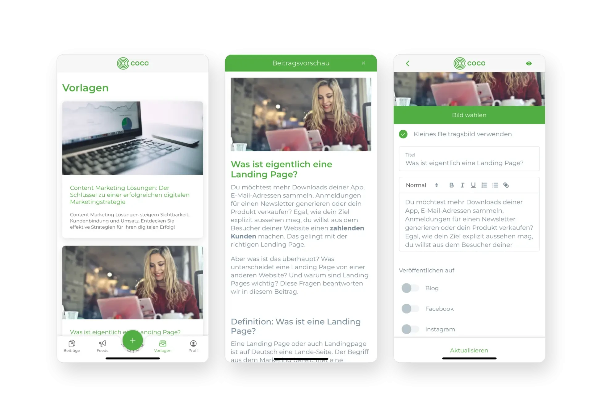 Publisher-App Detailansicht: Beitragsvorschau zur Landing Page Detailansicht der Publisher-App mit Beitragsvorschau zur Landing Page