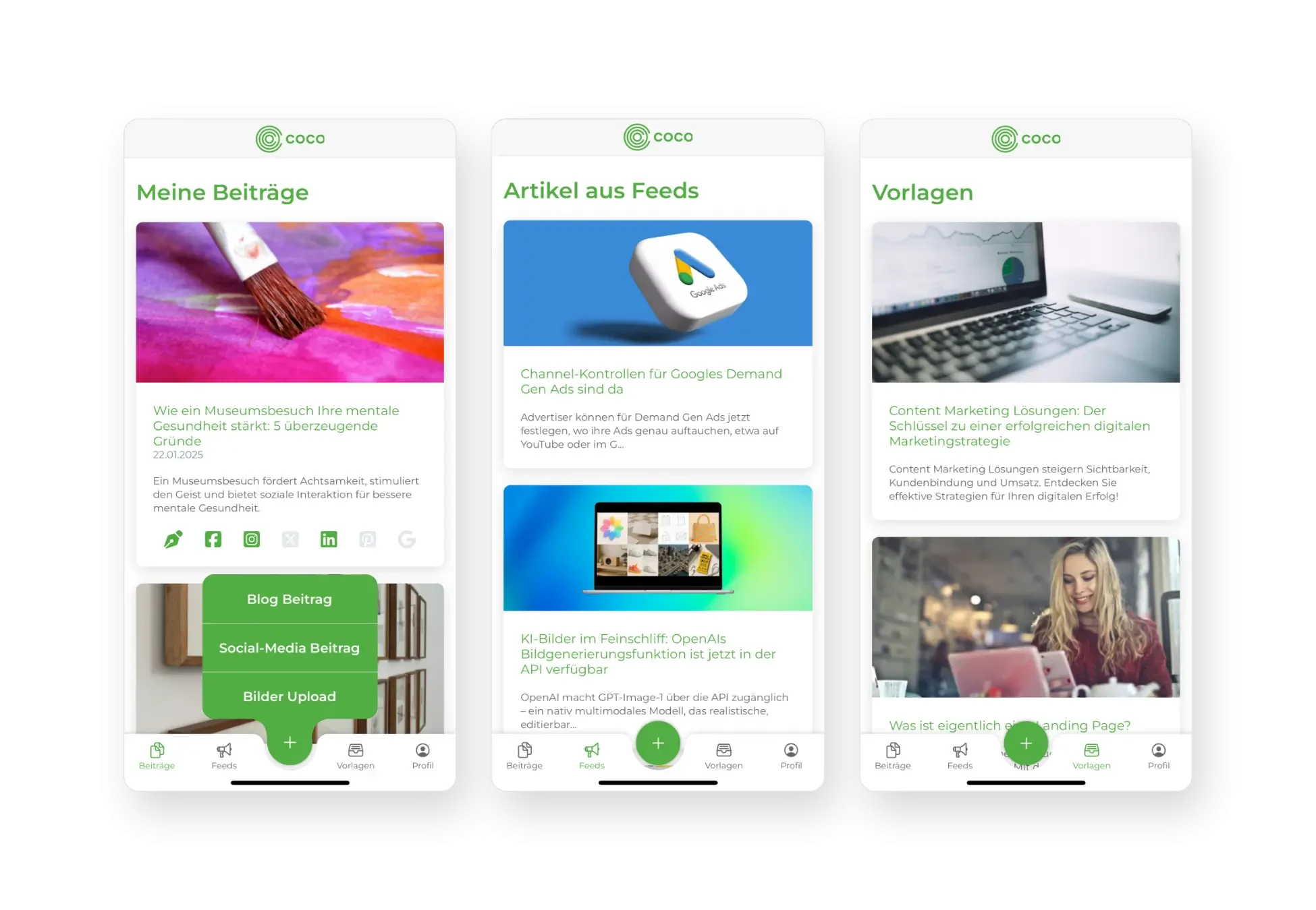 Detailansicht der Publisher-App: Beiträge, Feeds und Vorlagen Detailansicht der Publisher-App mit Beiträgen, Feeds und Vorlagen