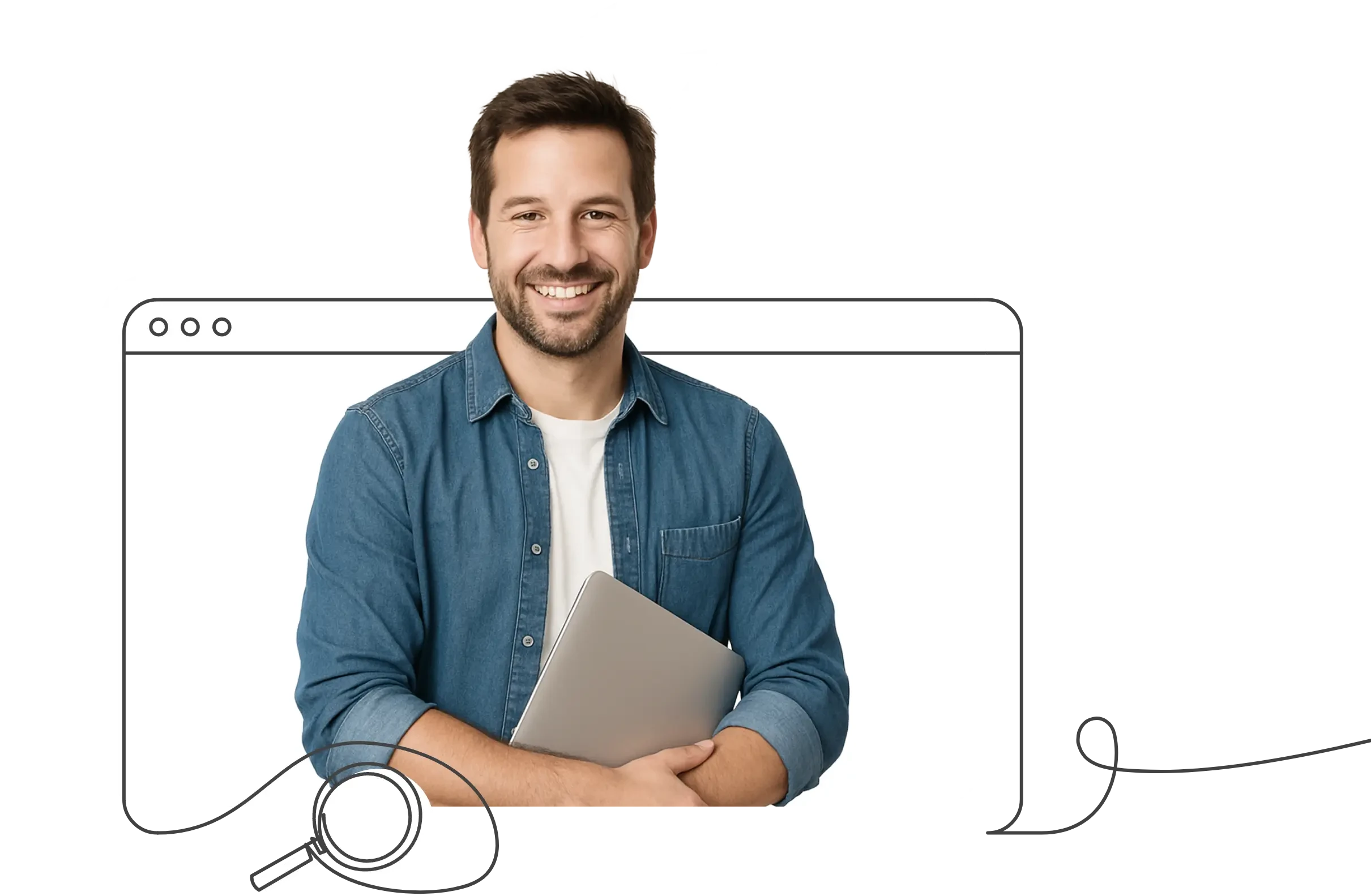 Mann mit Laptop im Arm vor abstraktem Header-Design, Desktop-Version