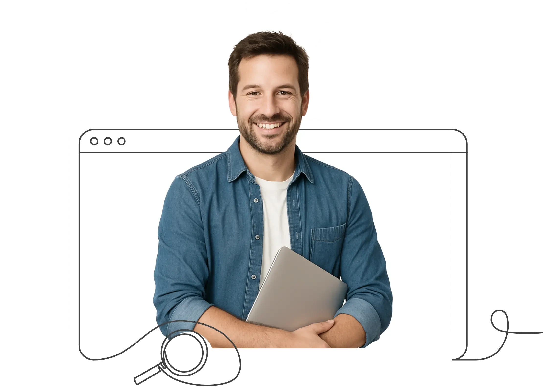 Mann mit Laptop in einer Browser-Grafik als Header-Bild für mobile Ansicht