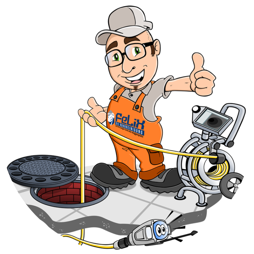 Logo von Felix die Rohrreinigung mit Cartoon-Figur, Kanalschacht und Rohrkamera