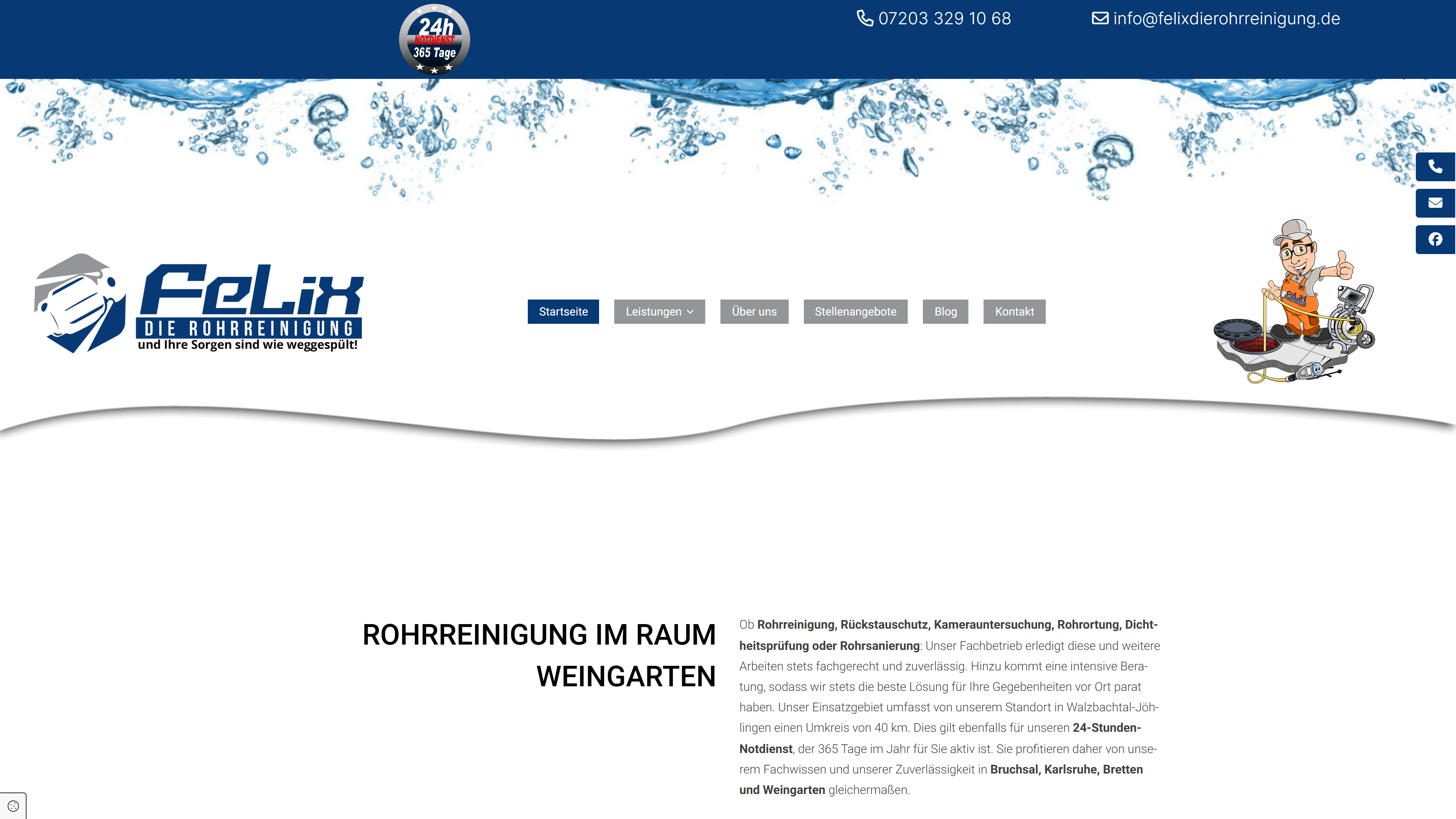 Screenshot der Website www.felixdierohrreinigung.de mit Informationen zur Rohrreinigung im Raum Weingarten