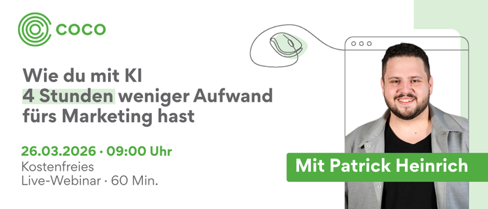 Webinar-Ankündigung mit Text 'Wie du mit weniger Aufwand mehr Erfolg hast', grüne Uhrzeit und Computermaus-Grafik, Bildgröße 700x300px.