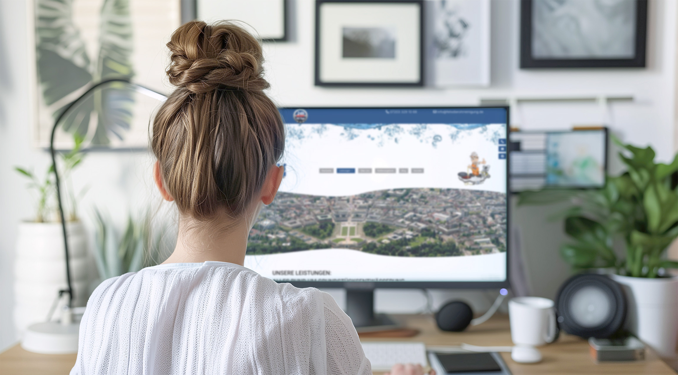 Frau arbeitet am Computer im Büro und betrachtet eine Webseite auf dem Bildschirm