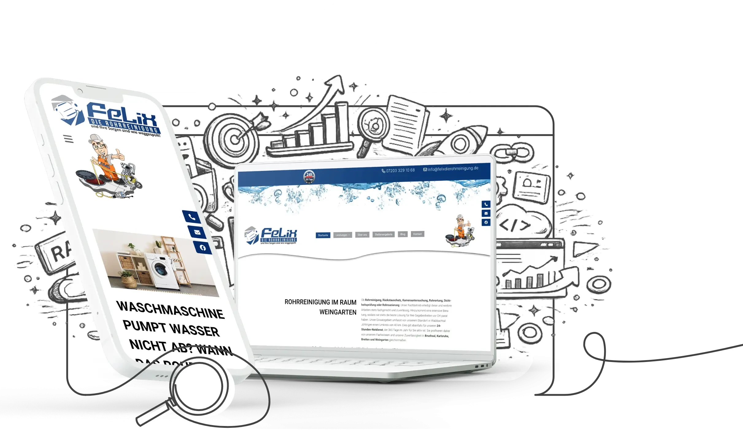 Headerbild der Desktop-Ansicht einer Website mit Grafiken zu SEO, Wachstum und Rohrreinigung Felix