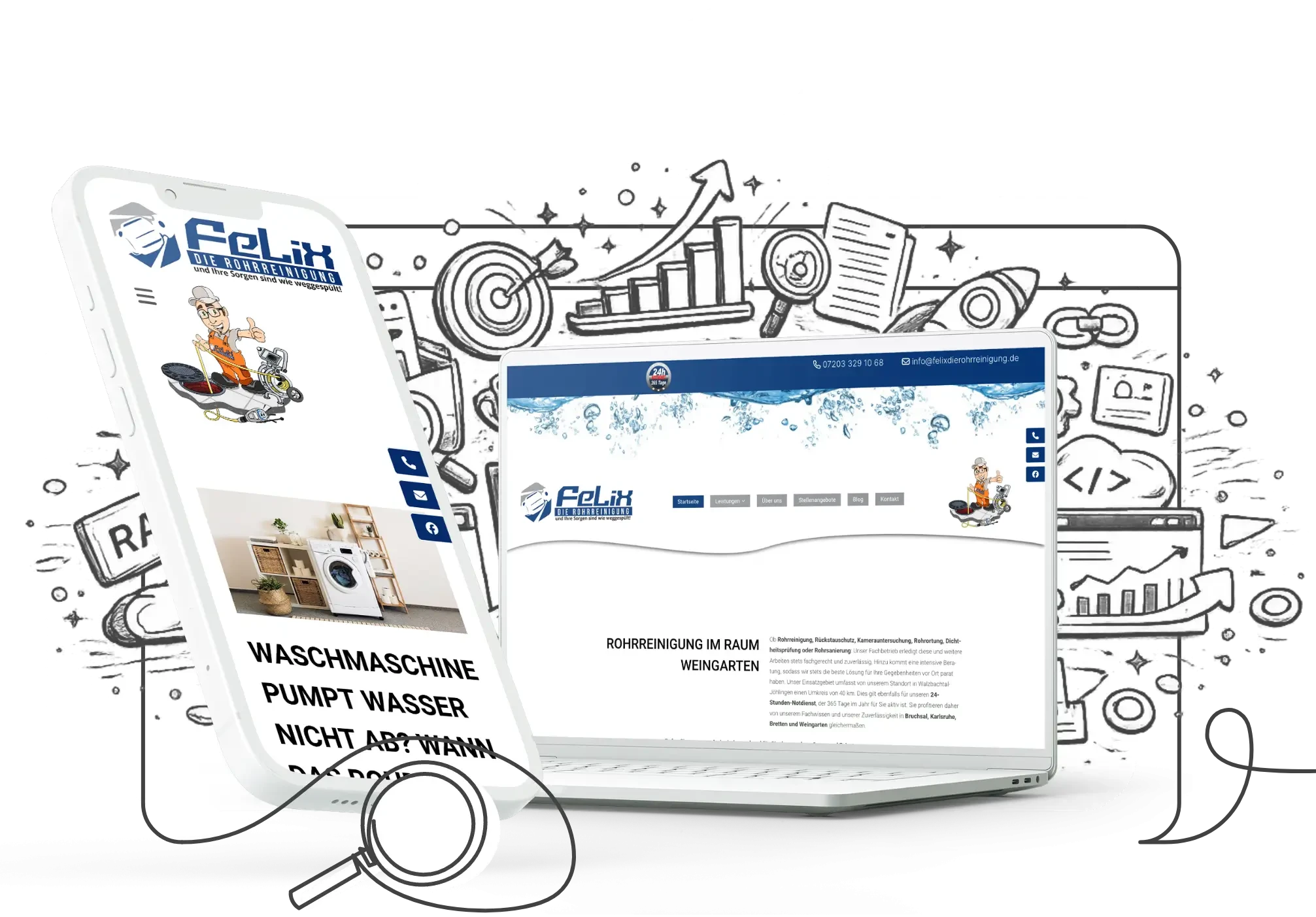 Felix Rohrreinigung Website auf Smartphone und Laptop, Illustration mit Symbolen für Sanitärdienstleistungen