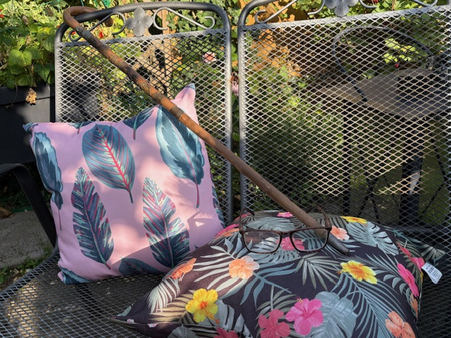 Senioren Garten mit Kissen, Brille und Gehstock