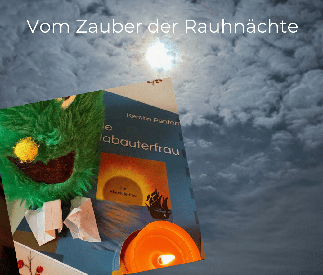 Buch Die Klabauterfrau von Kerstin Pentert, Kerze und mystischer Himmel zum Thema Rauhnächte