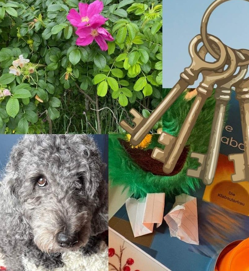 Collage mit Schlüsseln zum Glück, Hund, Blumen und Bastelarbeiten
