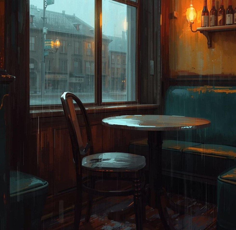Gemütliches Café am linken Platz bei Regen mit Blick aus dem Fenster auf historische Gebäude