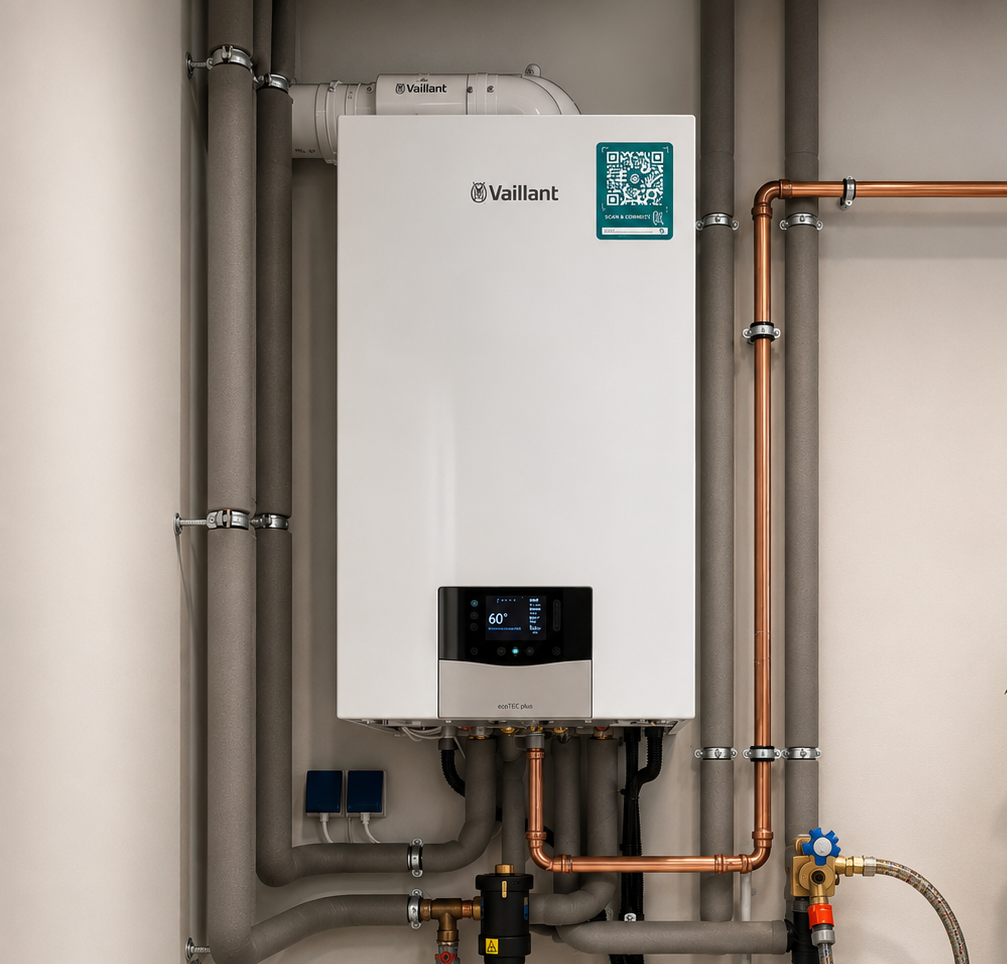 Vaillant Heizungsanlage ecoTEC plus mit modernen Rohrleitungen an der Wand installiert