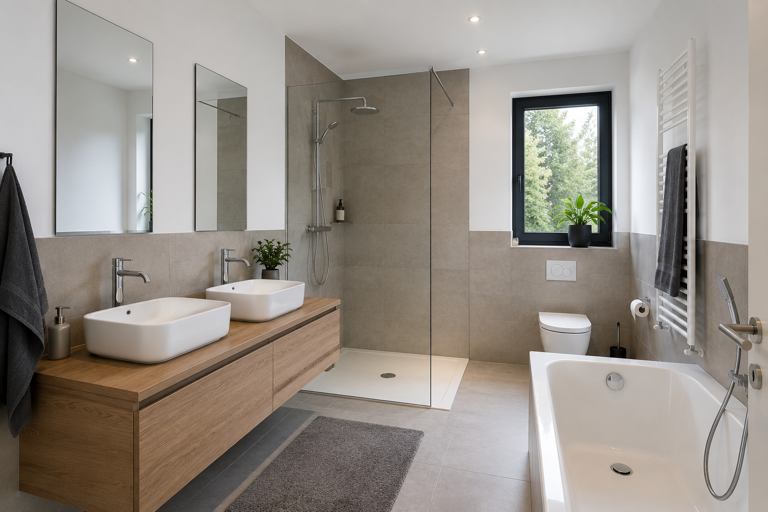 Modernes Badezimmer mit großer begehbarer Dusche, Doppelwaschbecken und Badewanne