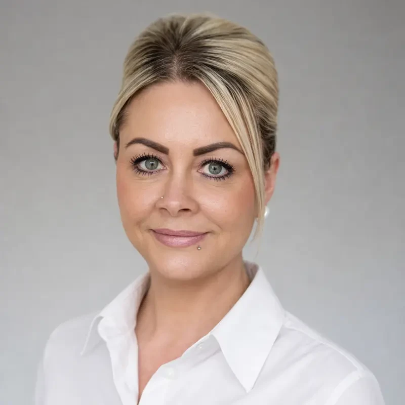 Portraitfoto von Christin B. mit weißer Bluse vor grauem Hintergrund