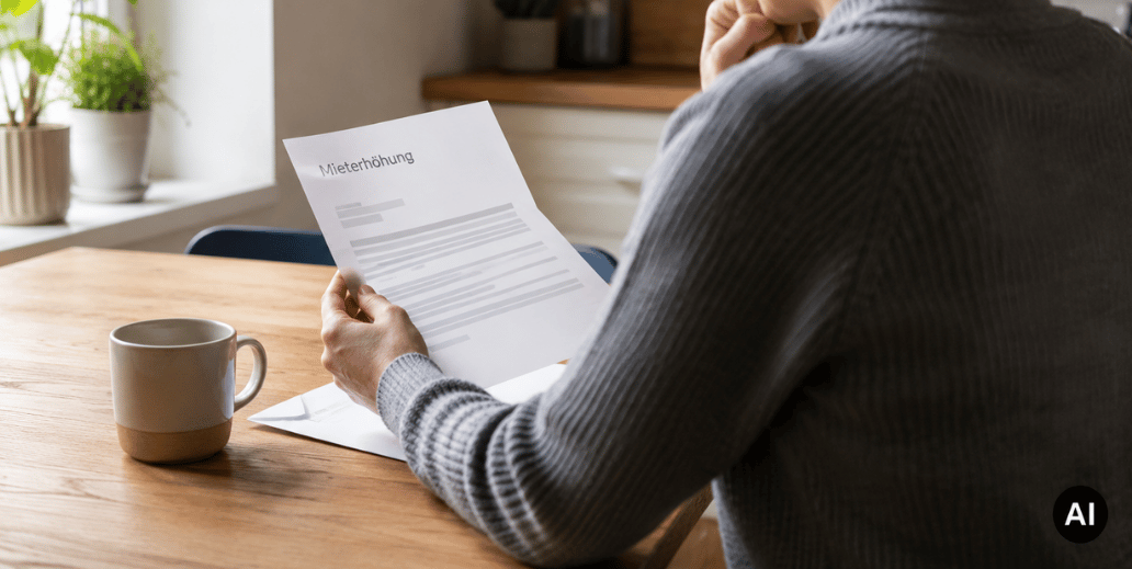 Person liest ein Schreiben zur Mieterhöhung am Tisch – baddepartner Blog Artikelbild