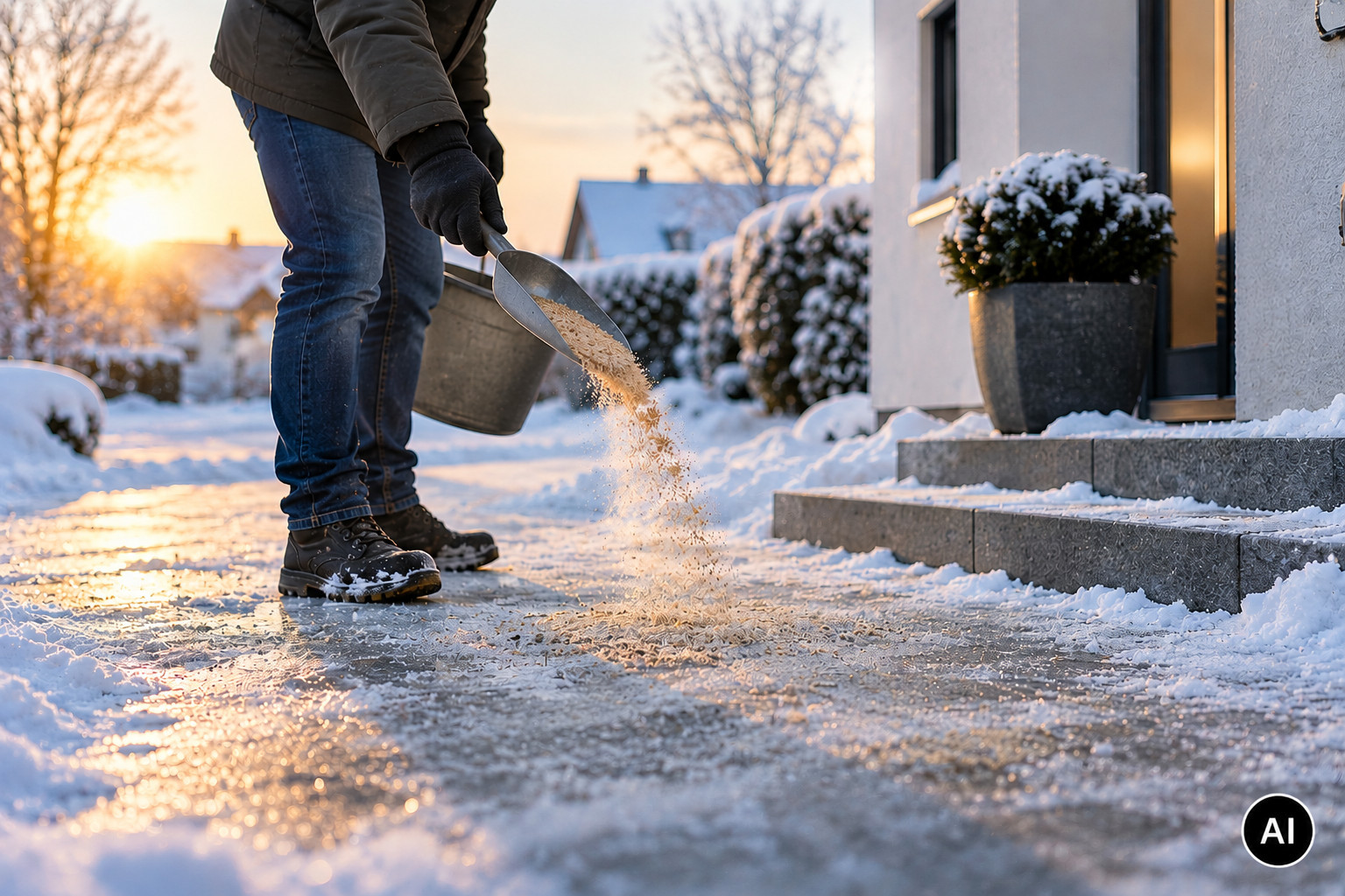 baddepartner Blog Artikelbild zur Streupflicht: Person streut Gehweg im Winter ab