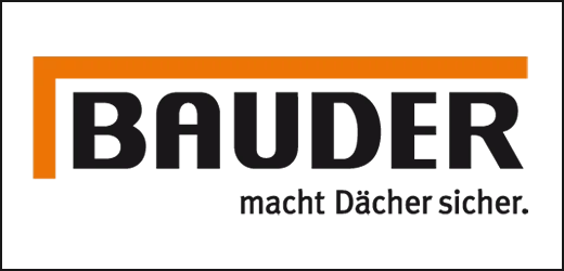 Bauder Logo – deutsche Version mit Slogan 'macht Dächer' und orangefarbener Linie