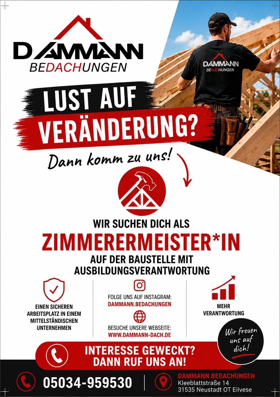 Stellenanzeige für Zimmerermeister*in bei Dammann Bedachungen mit Ausbildungs­verantwortung auf der Baustelle
