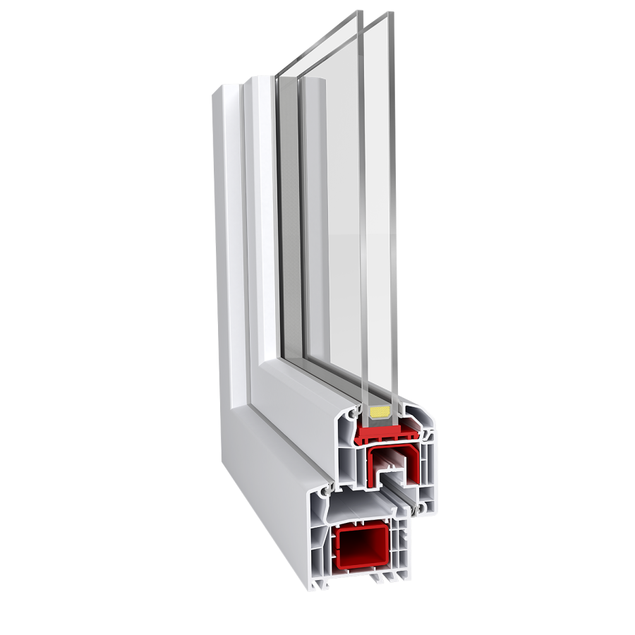 Querschnitt eines Kunststofffensters Ideal 4000 Classicline mit Isolierverglasung