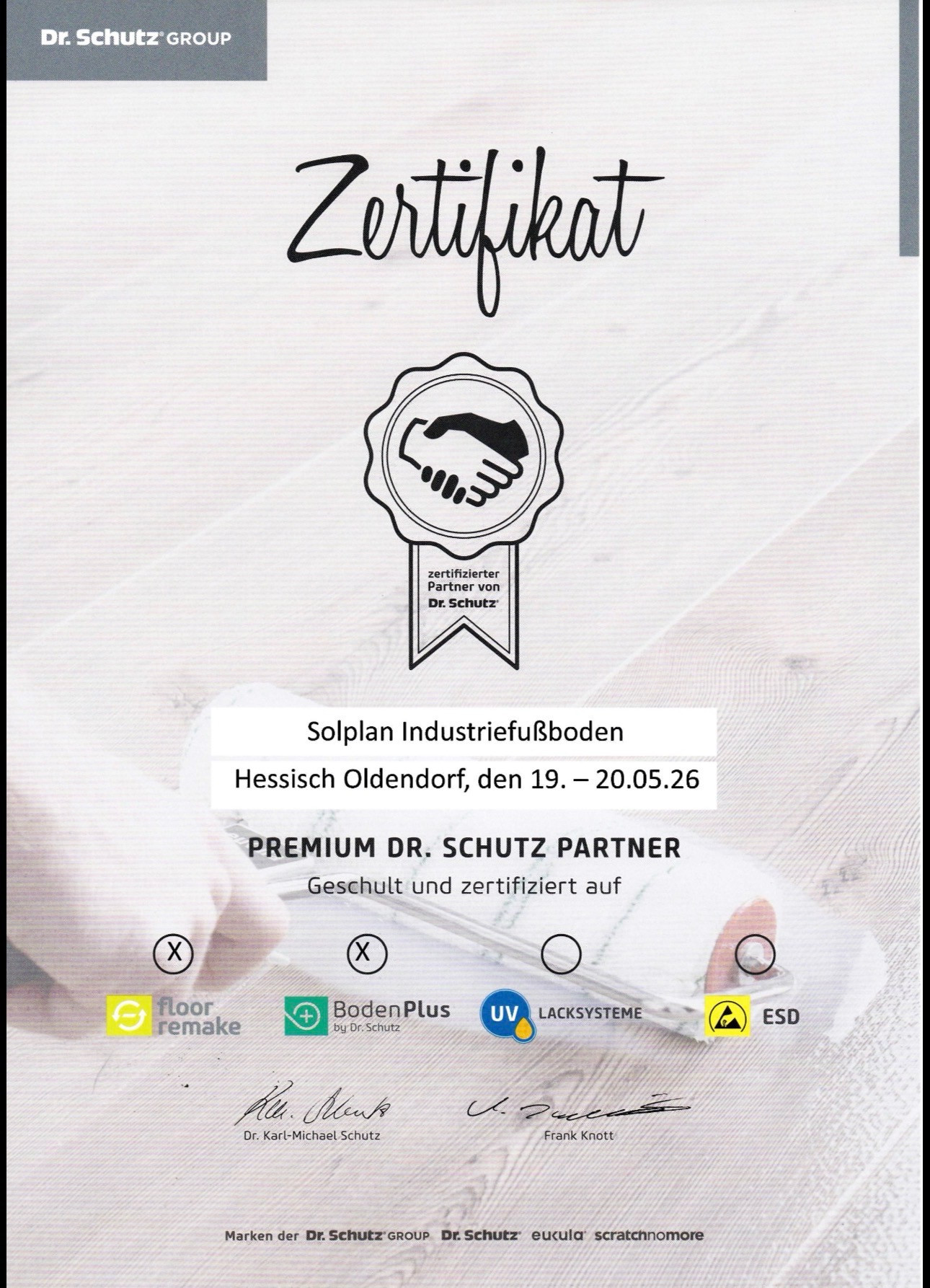 Zertifikat für Solplan Industriefußboden als Dr. Schutz zertifizierter Fachbetrieb in Hessisch Oldendorf, Premium Partner für Bodenbeschichtungen