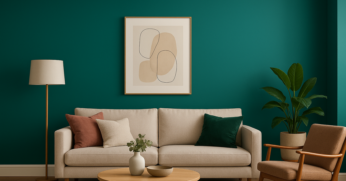 Modernes Wohnzimmer in Transformative Teal mit beiger Couch, abstraktem Wandbild und minimalistischer Dekoration