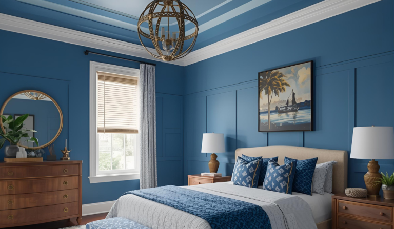 Weiße Kante zwischen farbiger Decke und Wand – Beispiel für moderne Schlafzimmergestaltung Weiße Kante zwischen farbiger Decke und Wand in einem modern eingerichteten blauen Schlafzimmer