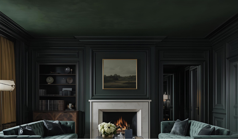 Wohnzimmer komplett in Grün – stilvolle Einrichtungsideen mit Kamin Modernes Wohnzimmer komplett in Grün mit Kamin, eleganter Einrichtung und stilvoller Dekoration