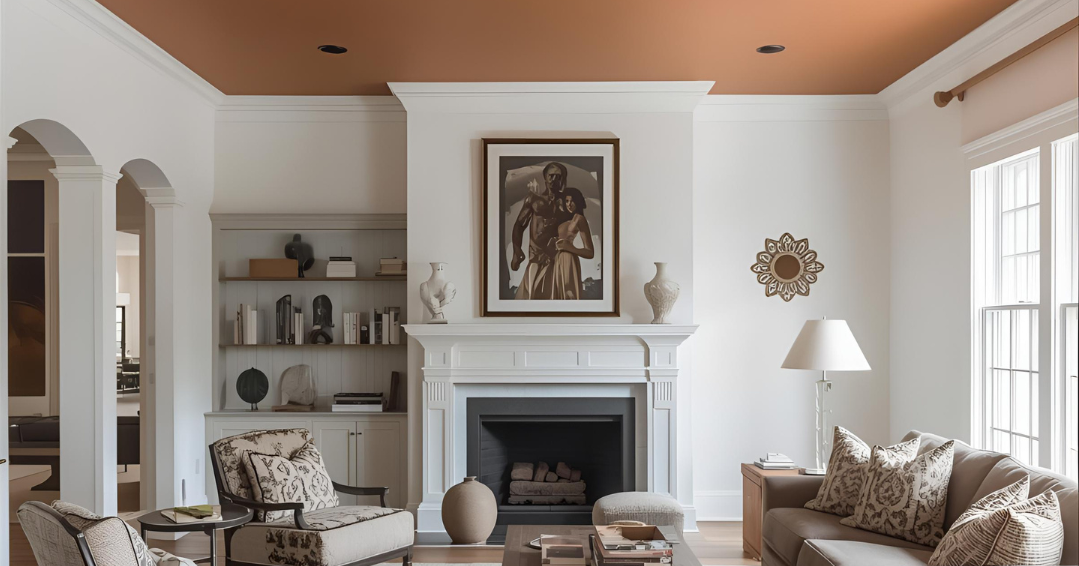 Modernes Wohnzimmer mit stilvoller Akzentdecke in warmen Farben und eleganter Einrichtung