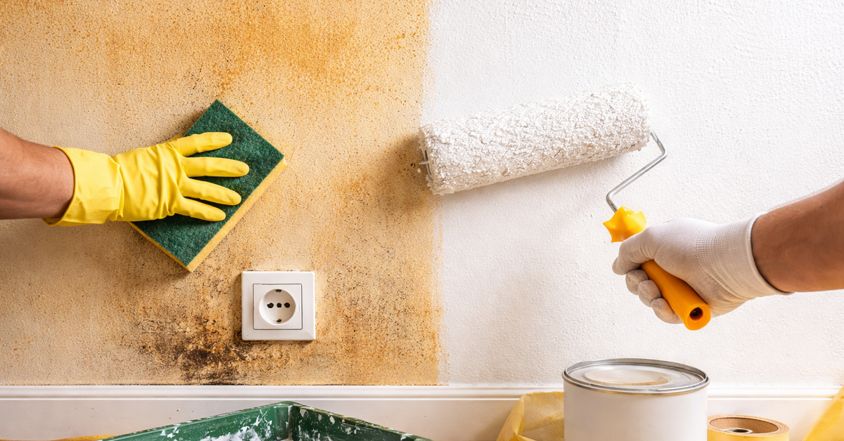 Wandreinigung und Neuanstrich in Arbeit: Verschmutzte Wand wird gereinigt und neu gestrichen