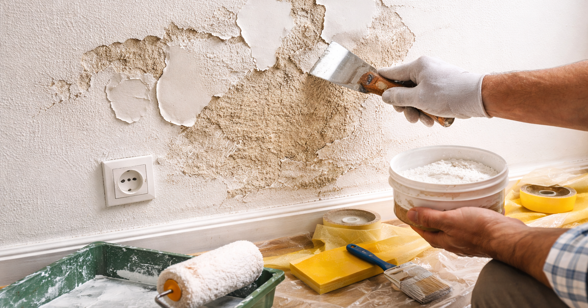 Handwerker repariert abblätternde Wandfarbe mit Spachtel und Farbe