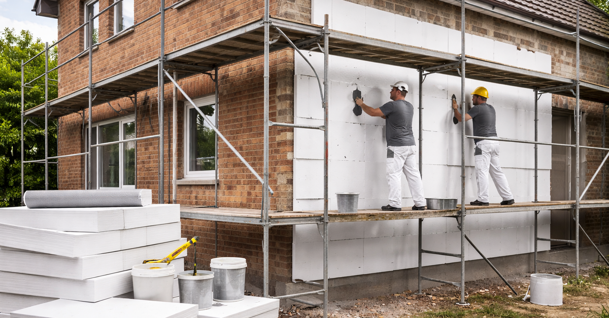 Fassadendämmung an einem Haus mit Styroporplatten durch Handwerker auf einem Baugerüst