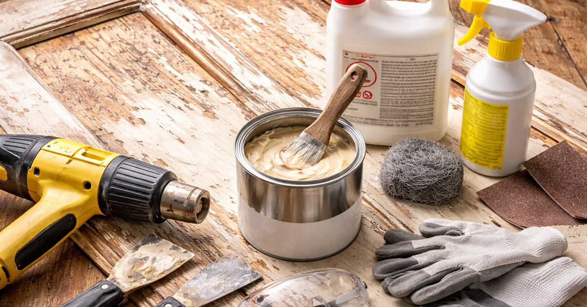 Werkzeug und Materialien zum Entfernen von Farbe, darunter Heißluftpistole, Spachtel, Pinsel, Dose mit Abbeizmittel, Stahlwolle, Handschuhe und Schutzbrille auf einem alten Holztisch.