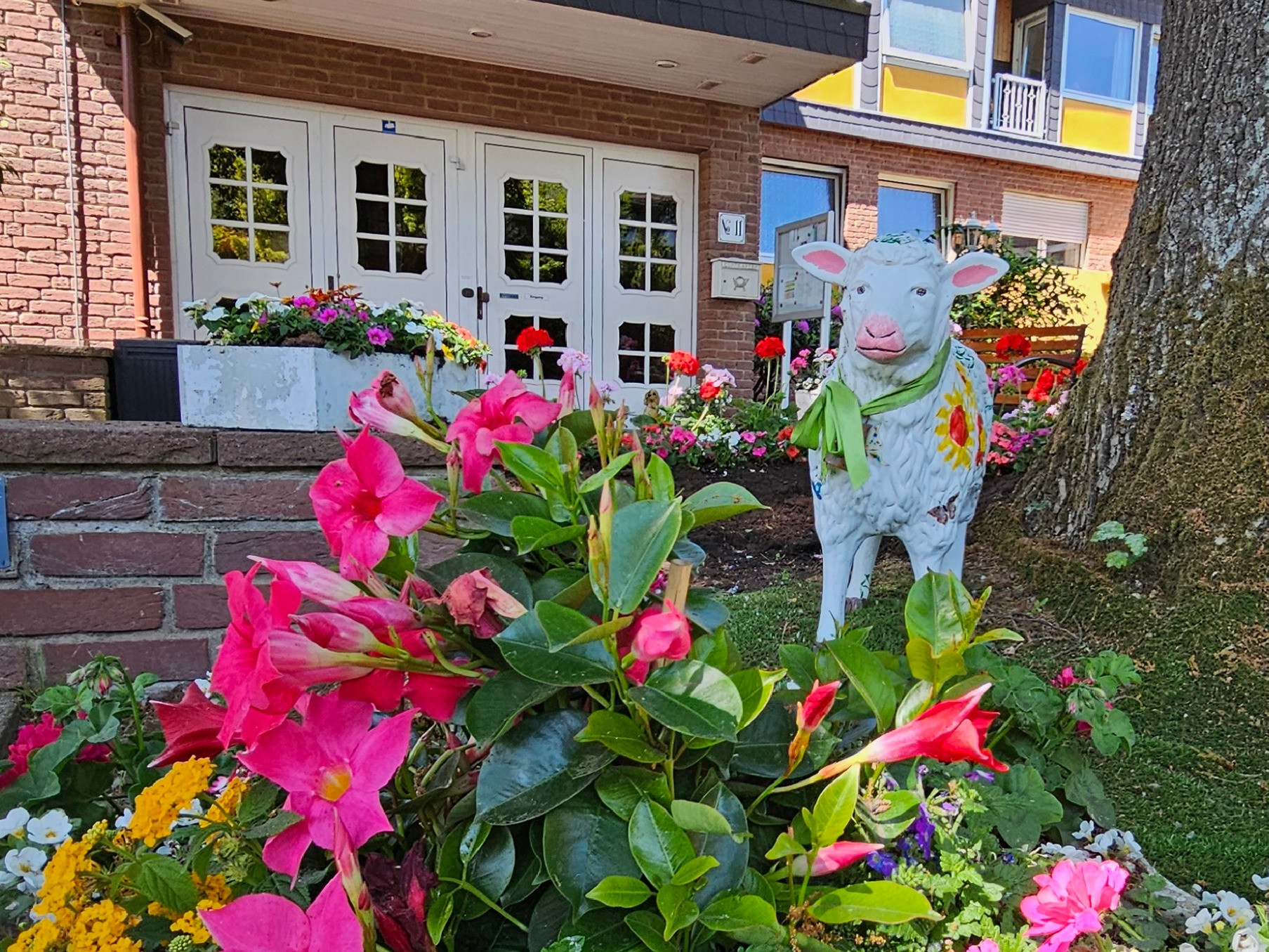 Bunte Sommerblumen und kunstvolle Kuhskulptur im Vorgarten vor einer Hauseingangstür