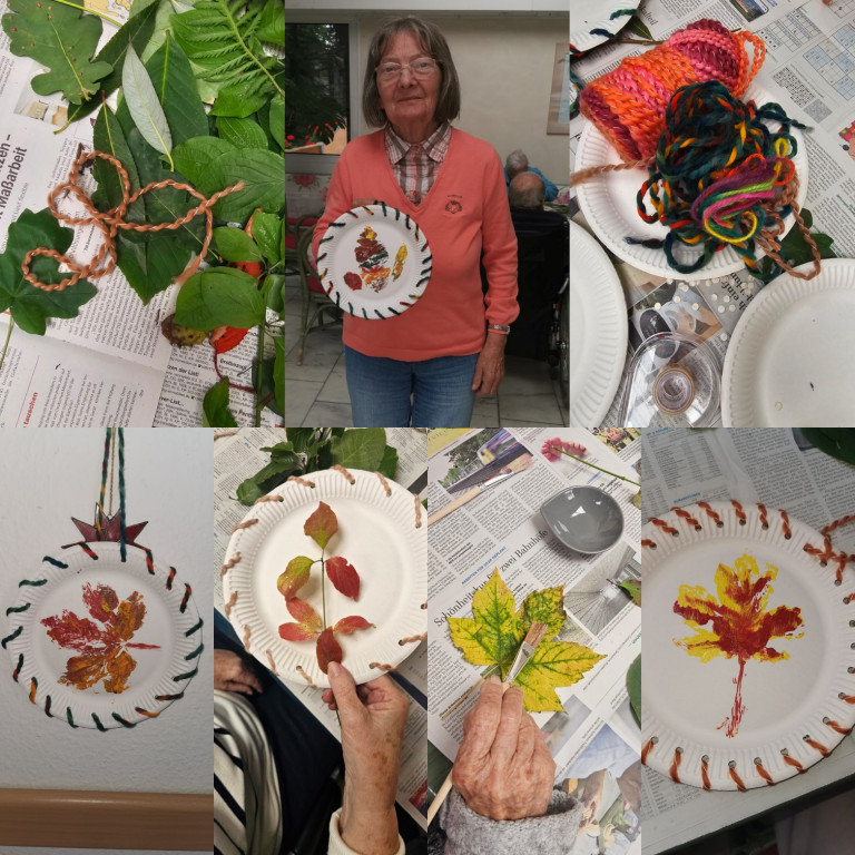 Collage von herbstlichen Bastelarbeiten mit Blättern, Garn und Papptellern, ausgeführt von Senioren in einer Bastelrunde