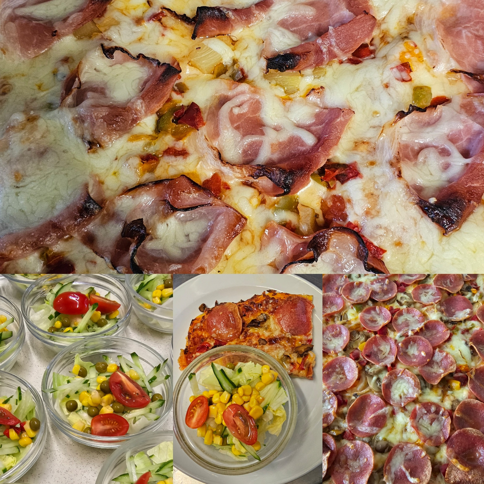 Verschiedene Pizzen mit Schinken und Salami sowie frischer gemischter Salat in Glasschalen