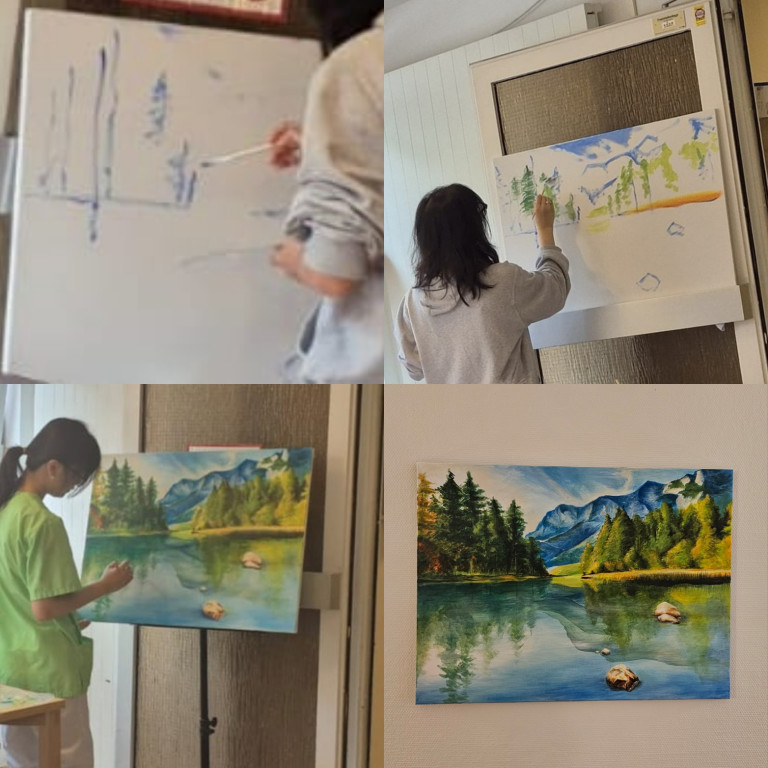 Landschaftsgemälde mit Bergen und See – Entstehungsprozess in vier Schritten Schritt-für-Schritt-Entstehung eines Landschaftsgemäldes mit Bergen, Bäumen und See