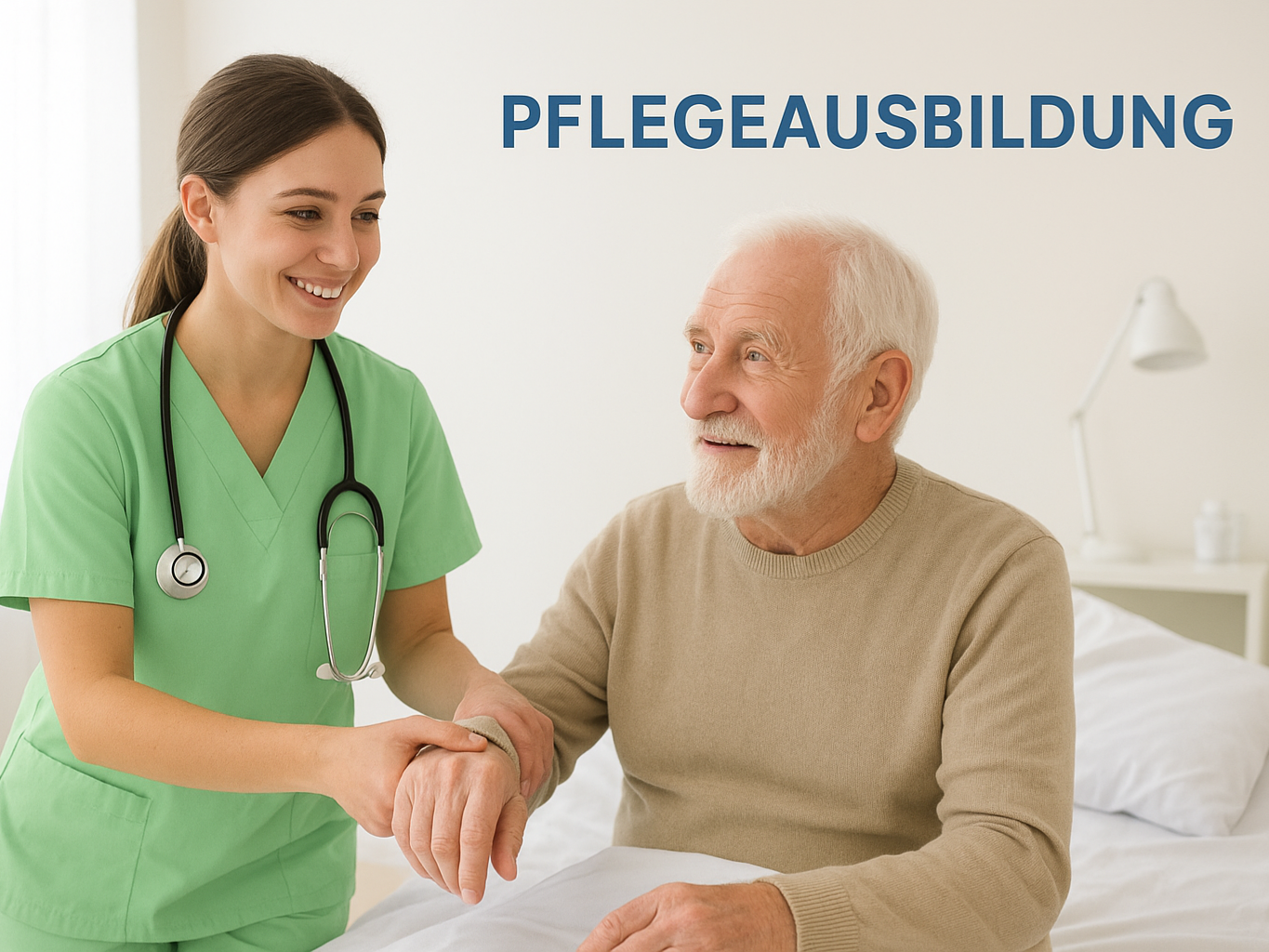 Pflegeausbildung: junge Pflegekraft betreut älteren Mann im Pflegezimmer