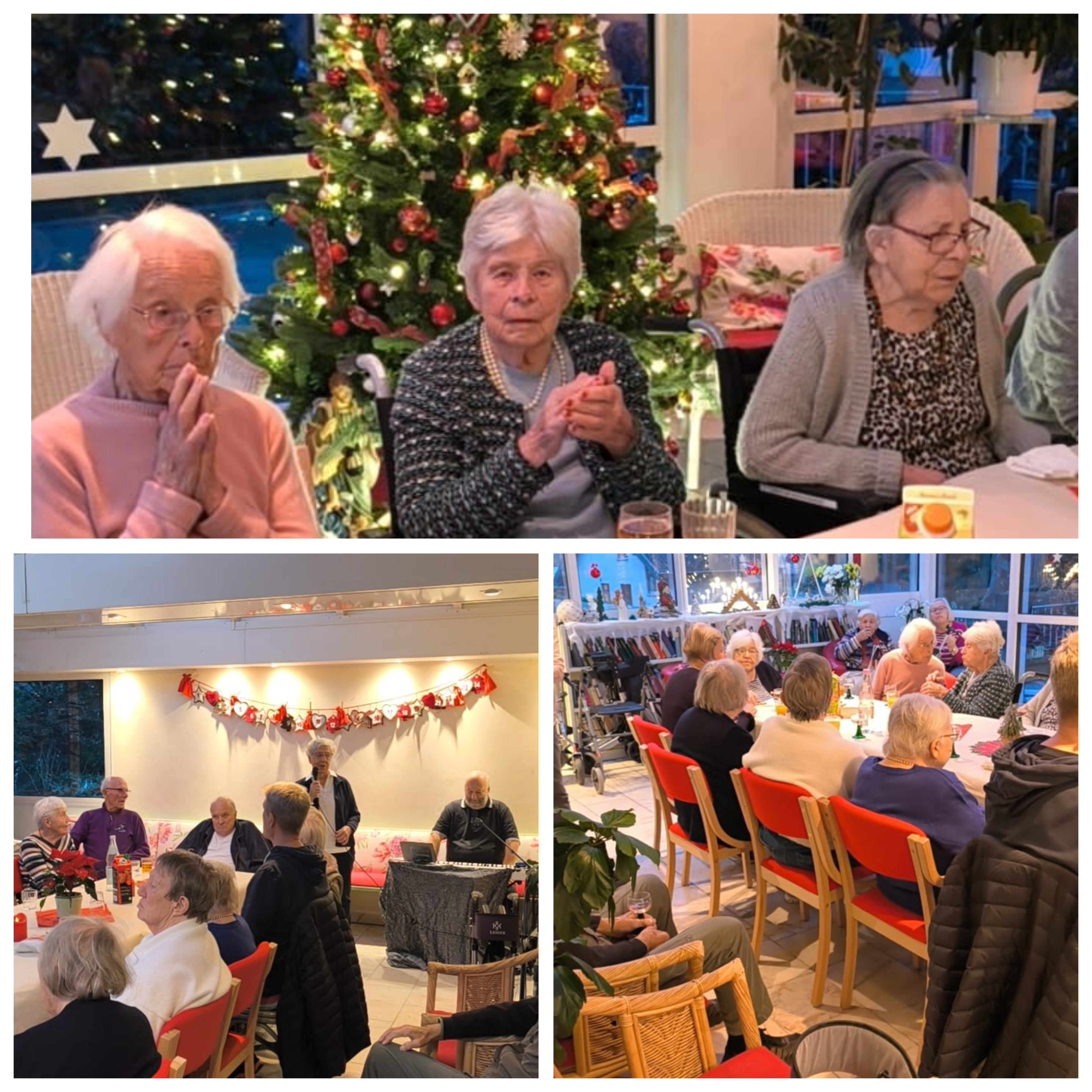 Weihnachtsfeier im Seniorenheim mit festlich geschmücktem Weihnachtsbaum und geselligem Beisammensein