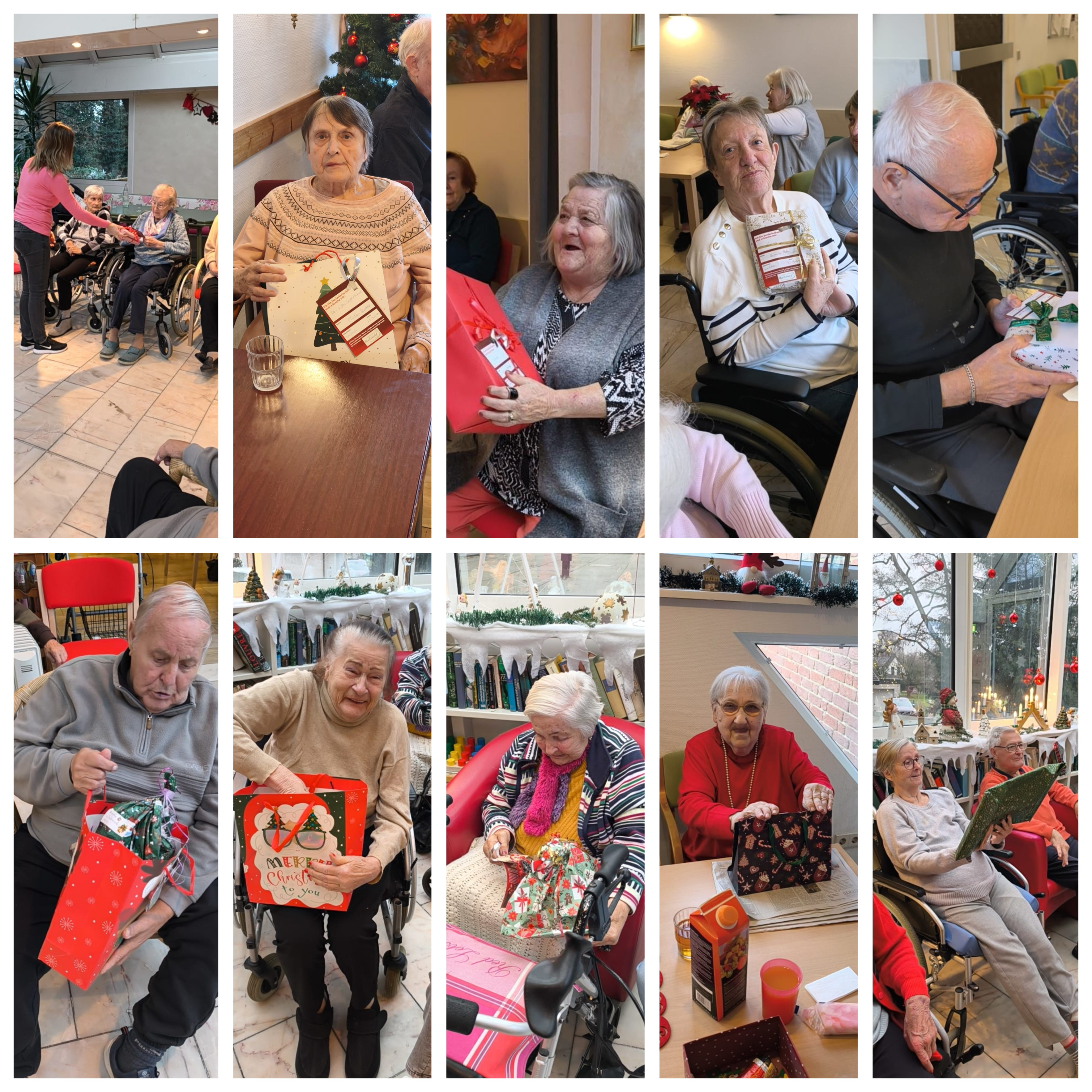 Weihnachtsfeier im Seniorenheim mit Geschenken und festlicher Dekoration, ältere Menschen feiern gemeinsam