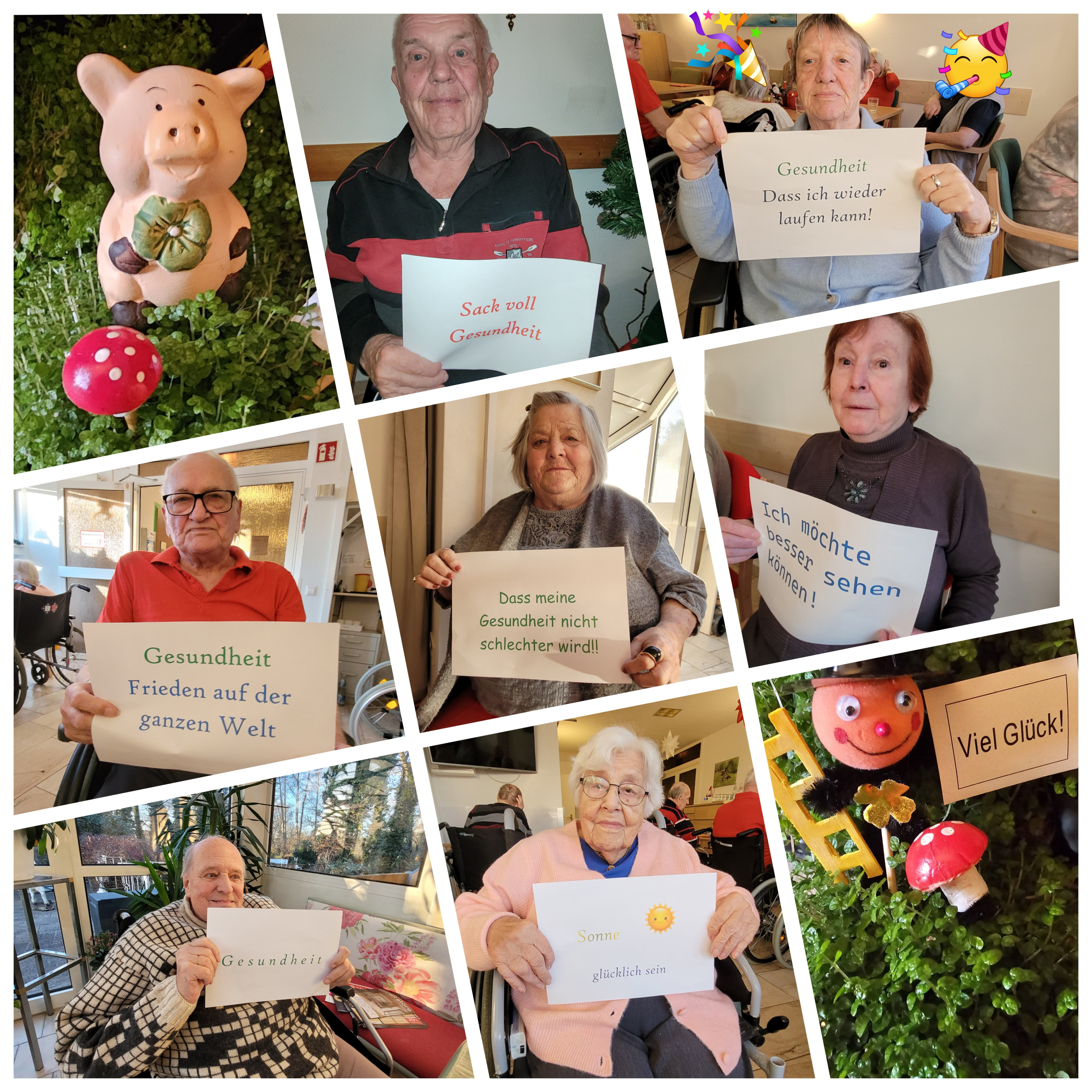 Collage mit Senioren, die Wünsche wie Gesundheit, Glück und Frieden auf Schildern halten, sowie Dekorationen mit Schwein und Marienkäfer