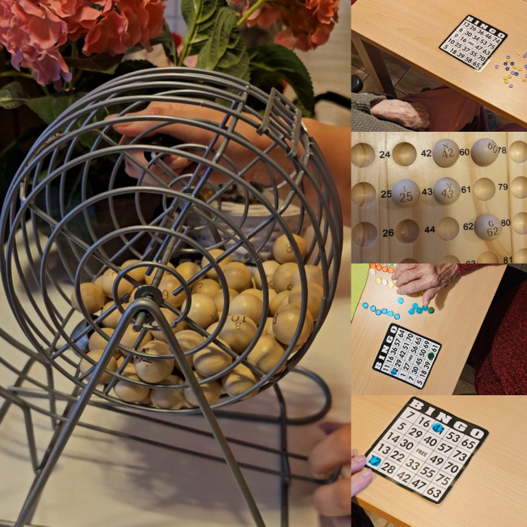 Bingo-Spiel mit Ziehungstrommel, Bingo-Karten und Spielsteinen, Senioren spielen Bingo