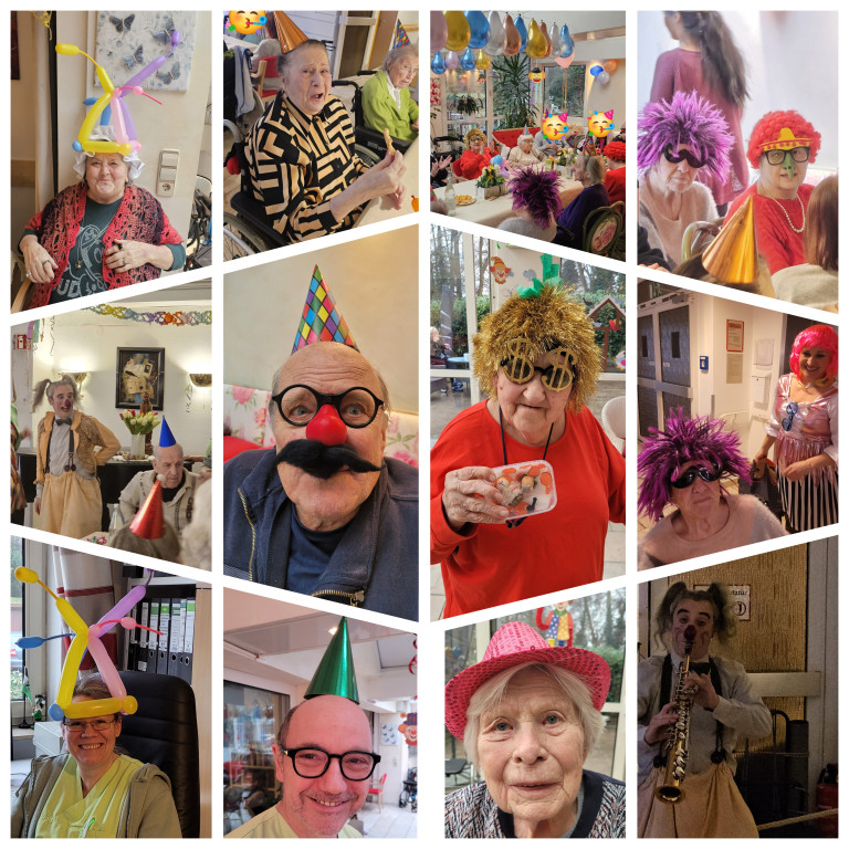 Karnevalsfeier im Seniorenheim – Senioren mit Partyhüten, Ballons und Verkleidungen Collage von Senioren bei einer fröhlichen Karnevalsfeier mit bunten Hüten, Luftballons und Verkleidungen im Seniorenheim