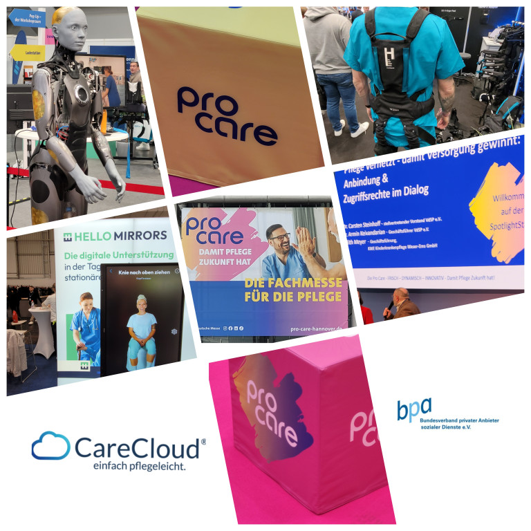 Impressionen von der ProCare Fachmesse für Pflege mit CareCloud, bpa und digitalen Lösungen Collage von der ProCare Fachmesse für Pflege mit Ausstellerständen, CareCloud, bpa und innovativen Pflege-Technologien