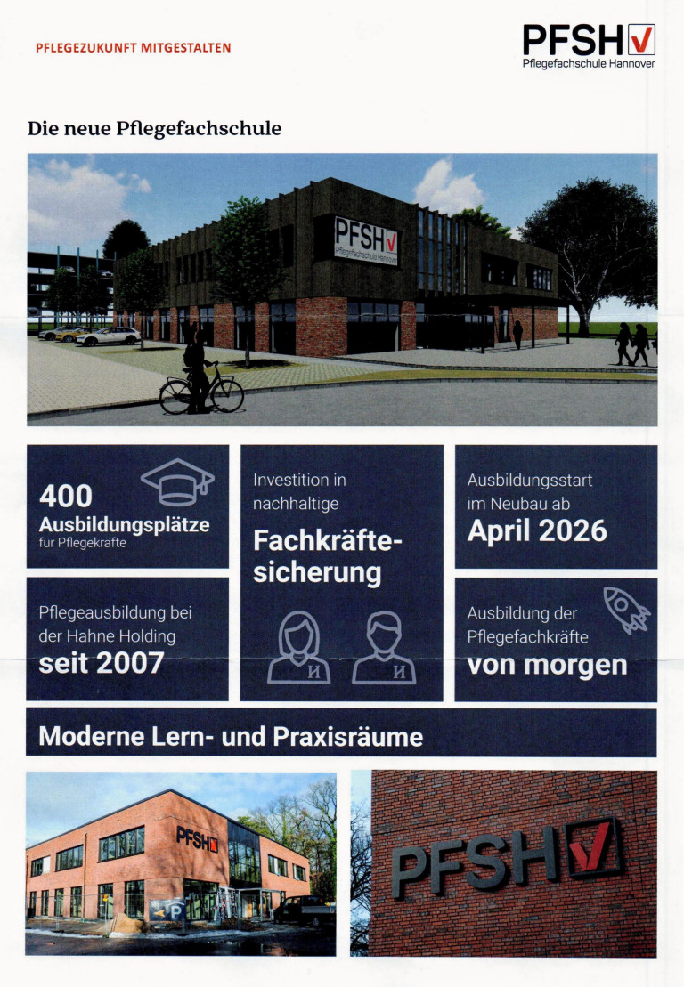 Visualisierung des neuen Schulgebäudes der Pflegeschule Hannover (PFSH) mit Informationen zu Ausbildungsplätzen und Ausbildungsstart 2026.