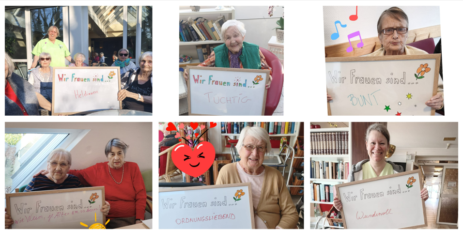 Collage von Frauen mit Schildern 'Wir Frauen sind ... tüchtig' und 'Wir Frauen sind ... ordnungsliebend' in einer gemütlichen Umgebung