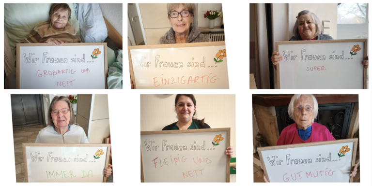 Collage zum Thema 'Wir Frauen sind einzigartig, fleißig und nett' am 8. März 2026 Collage mit Frauen, die Schilder mit der Aufschrift 'Wir Frauen sind einzigartig, fleißig und nett' halten