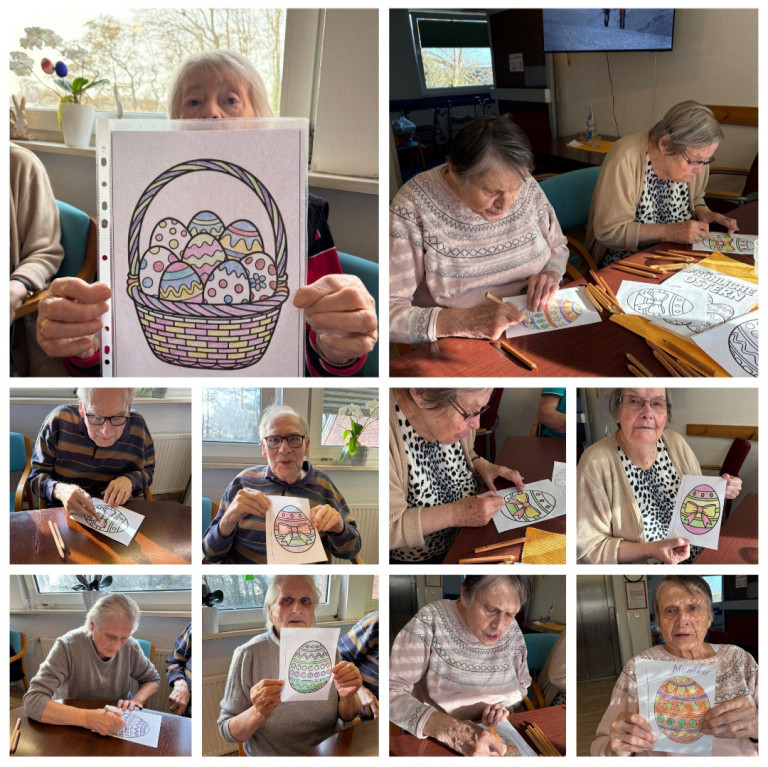 Senioren bemalen Ostereier-Malvorlagen in einer Gemeinschaftseinrichtung, kreative Osteraktivität