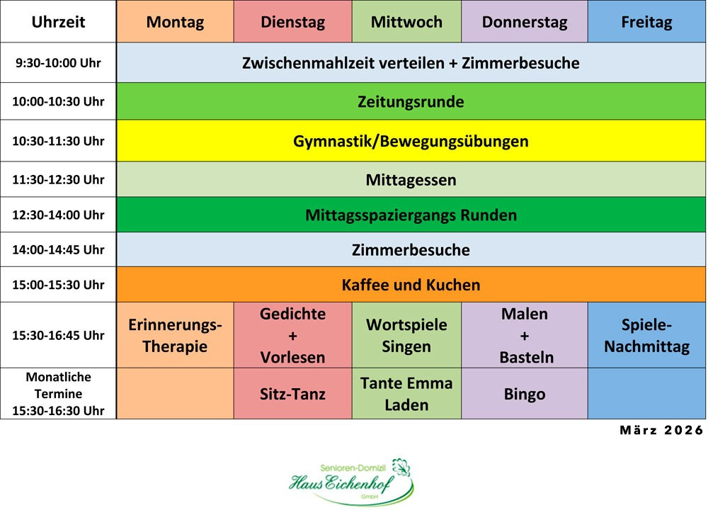 Wochenplan Betreuung 2026 mit Aktivitäten für Senioren im Haus Eichenhof