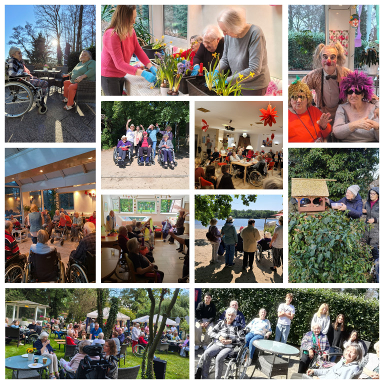 Collage von Aktivitäten im Seniorenheim, darunter Gartenarbeit, gemeinsames Feiern, Ausflüge und Freizeit im Freien